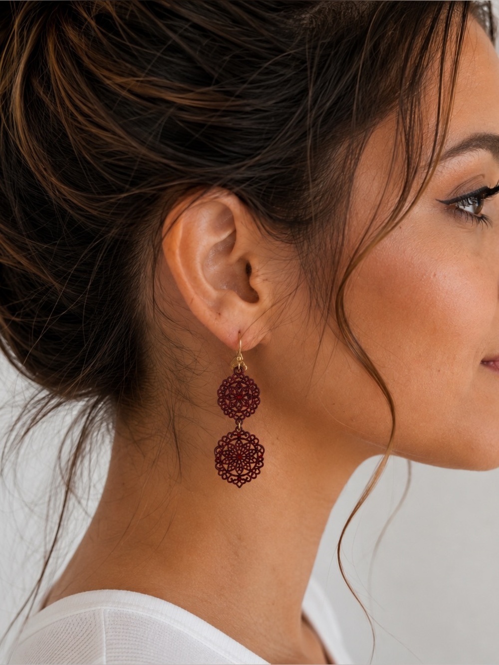 Burgundy Filigree Dangle Earrings Red Rhinestone Boho Statement Drop